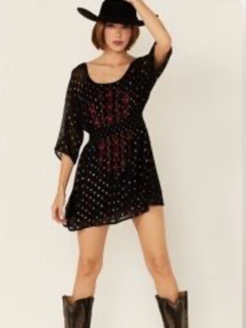 Shyanne Western Boho Embroidered Metallic Dot Mini Dress M